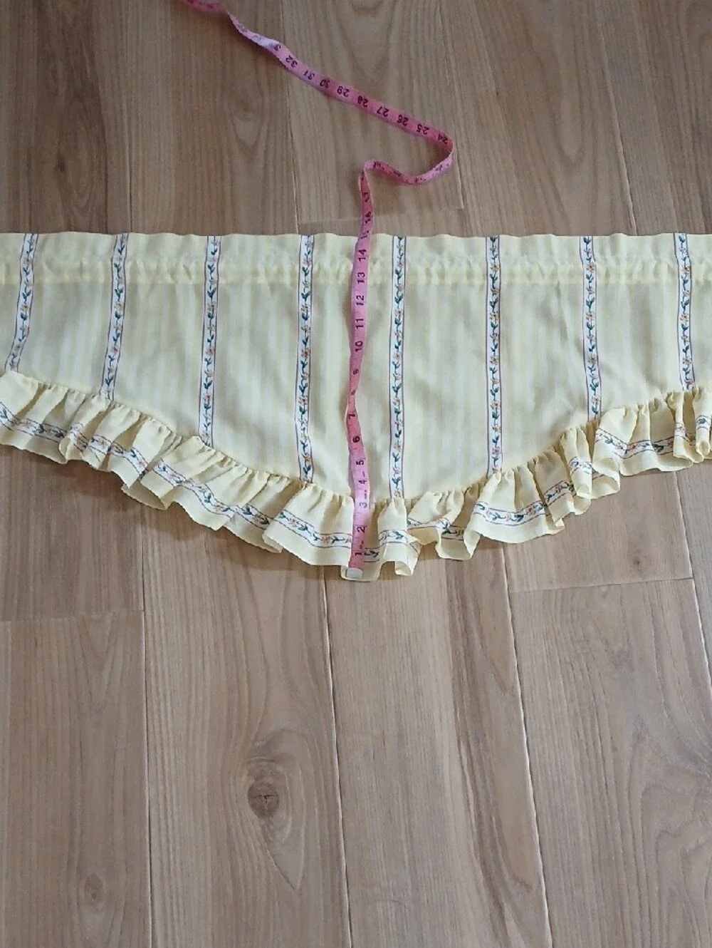 Pair Vintage Yellow Floral Stripe Window Valance Curtains Ruffled Hem